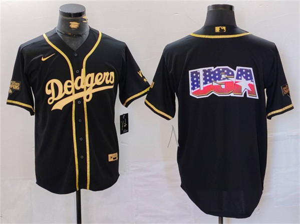 Los Angeles Dodgers Team Big Logo Black Gold Cool Base With Patch Stitched Jersey - Click Image to Close